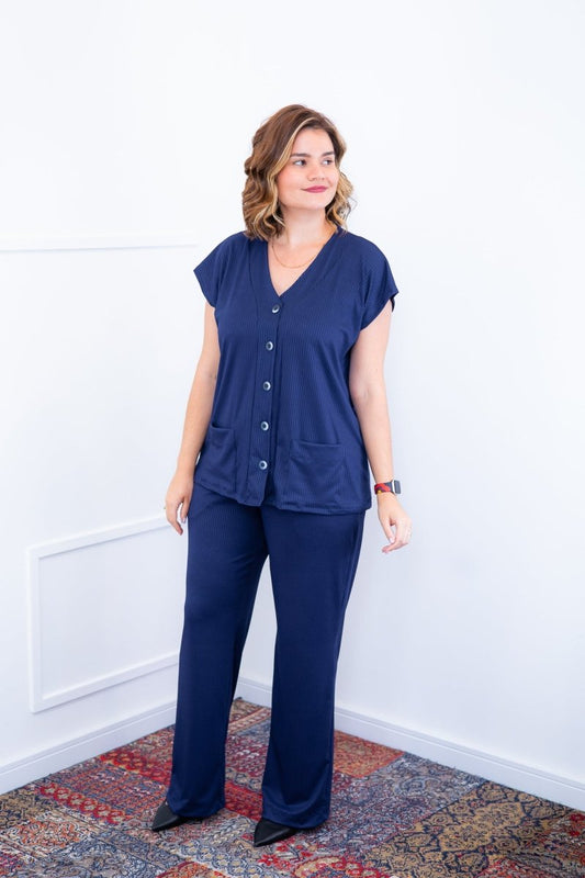 Conjunto Itália - Em Malha Canelada com Colete de Botões e Calça Pantalona - Naguirre Shop